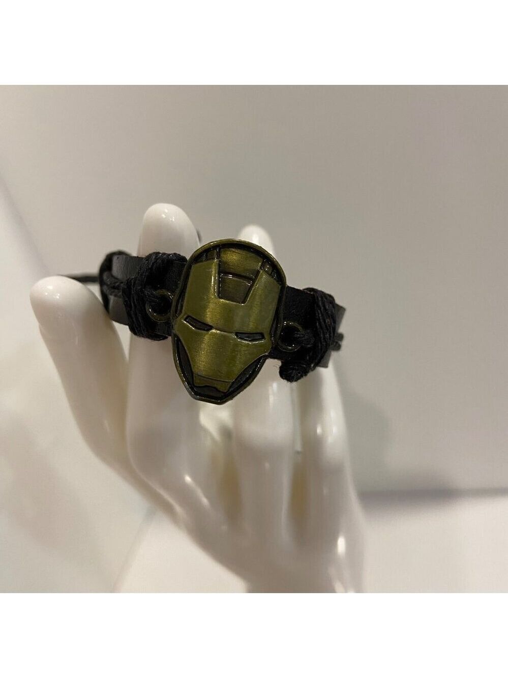 Iron Man style Leather Adjustable Bracelet With Black Cord & Metal Charm